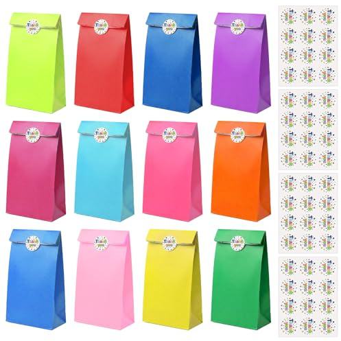 RITOLLO 48 Pack Party Bags, Kraft Paper Gift Bags for Kids Party | 12 Vibrant Colours • 48 Thank You Stickers • 13 x 8 x 24 cm • Flat Bottom • Birthdays, Christmas, Halloween & Weddings