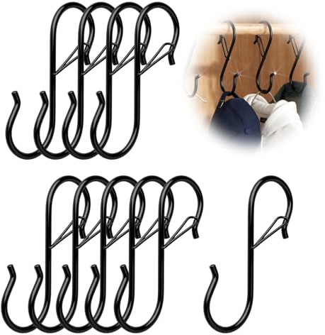 XINML 10Pcs S Hooks for Hanging with Safety Buckle Large S Shaped Hanging Hooks Black Heavy Windproof Duty S Shaped Hanging for Kitchen Utensils, Closet, Bedroom, Bathroom, Plants