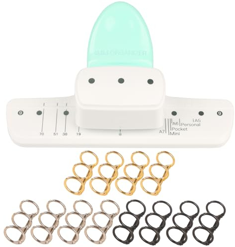 3-Hole Punch with 12PCS 3-Ring Metal Loose Leaf Binders for Binding A5, A6, A7, A8 and All Size Notebook, Travel Diary, Scrapbook & Photo Album (Green)