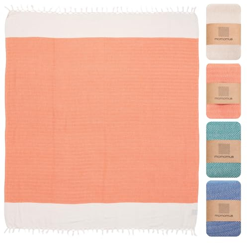 MOMOMUS Strandtuch 90x170 cm, 100% Baumwolle, Fouta-Hamamtuch, Lachsfarben | Absorbierende Fouta aus 100 % Baumwolle zum Abtrocknen und Einwickeln; leicht und kompakt, mit Zickzackgewebe und Fransen.