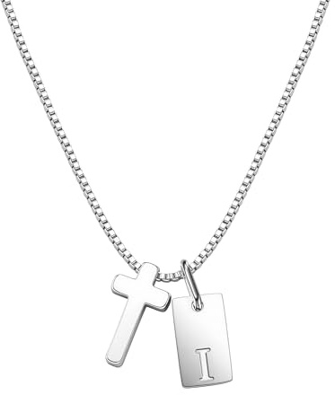 LUXYSODE Cross Initial Necklace - S925 Silver Name Necklace with Mini Square Letter Pendant Necklace Birthday Gifts for Women - Christian Baptism Religious Jewellery Gift (I)