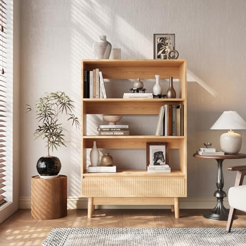 VOWNER 3-Ebenen Bücherregal mit Schublade, Offenes Standregal, Holzregal Modern, Vielseitiges Aufbewahrungsregal, für Büro, Wohnzimmer, Schlafzimmer, Küche, 80x120x30 cm, Holzfarbe (1)