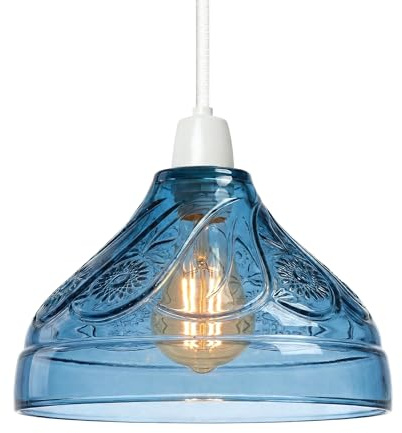Modern Blue Heavy Glass Lamp Shade 24.5cm Wide, Easy Fit Replacement Ceiling Pendant Light Shade, Floral Pattern Design, Vintage Style Glass Hanging Lamps