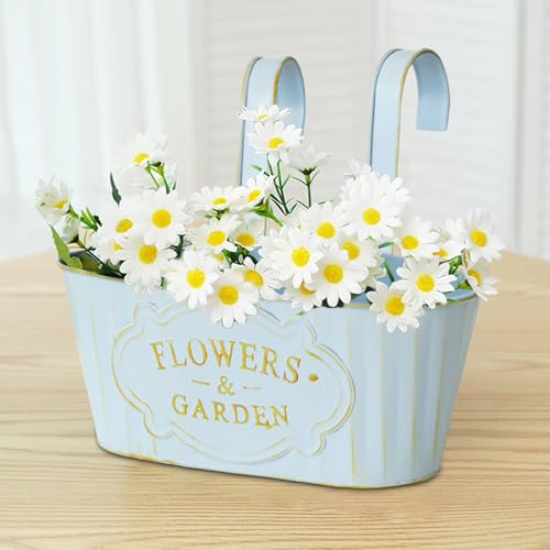 2 Stück Vintage Metall Hängetöpfe Blumentopf, Hängender Garten Töpfe für Zaun Balkon Garten Pflanzer Home Decor mit Abnehmbaren Haken und Drainagelöcher, Blumentopf Hängend für Gärten Wand (Blau)