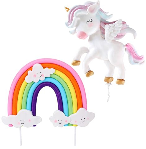 Unicorn Cake Topper Set, 2PCS Rainbow & Unicorn Cake Decorations, Reusable Birthday Cake Toppers for Girls Shower Theme Cake Decor Supplies