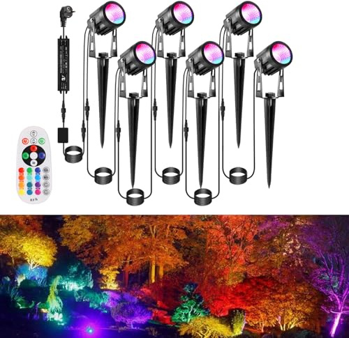Greenclick RGB Gartenleuchte 21m 6er Bunt Gartenstrahler mit Strom Erdspieß 12V 3W 1800lm Farbig Gartenbeleuchtung IP65 Wasserdicht LED Gartenlampe mit Fernbedienung Timer für Garten Rasen Yard Zaun