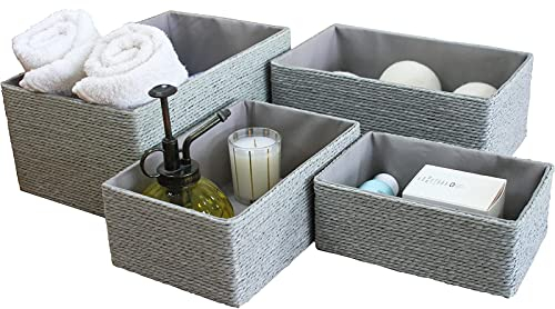 La Jolíe Muse Storage Baskets Set 4 - Woven Basket Paper Storage Bin, Boxes for Makeup Closet Bathroom Bedroom Living Room, Grey