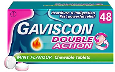 Gaviscon Double Action Tablets, Mint Flavour, 48 Tablets, Indigestion and Heartburn Relief, Indigestion Tablets, Acid Reflux, Antacid, Gets to Work Instantly, Lasts 2X Longer, Antacids
