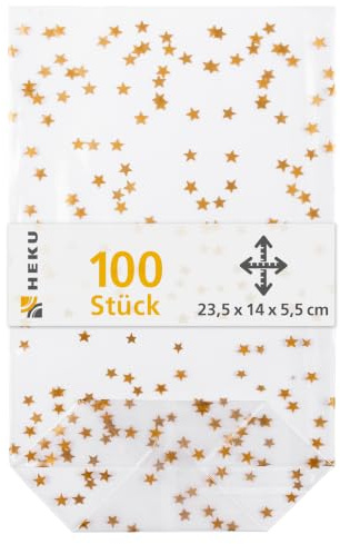 HEKU 100er Packung Transparente Bodenbeutel mit goldenen Sternen 235x140x55mm I Stabiler Kreuzboden I Reißfestes Polypropylen Material I Ideal für Weihnachten & selbstgebackene Plätzchen
