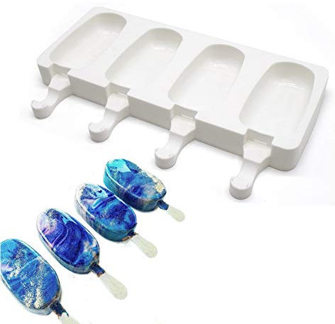 Molde Helado, Molde Helado Silicona con 50 Palos Madera, Moldes Paletas Chocolate, Molde Helados Magnum para Postre, Chocolate, DIY, 4 agujeros Paletas heladas grandes