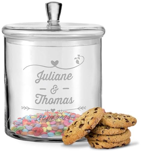 GRAVURZEILE Leonardo Keksglas mit Gravur - Keksdose Bonbonglas mit Deckel - Vorratsdose personalisiert mit Namen & Datum - Geschenk für Paare, zur Hochzeit als Geldgeschenk - Farbe: Wedding Design