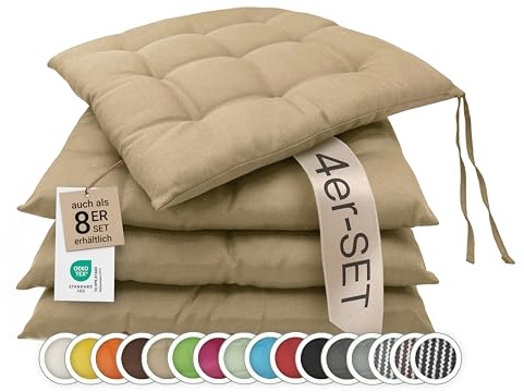 ZOLLNER 4er Set Sitzkissen in 40x40cm - gemütliche Stuhlkissen mit Bindebänder - waschbar bis 30°C - in Sand - Oeko Tex® Zertifiziert