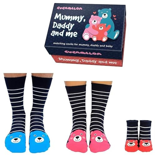Cucamelon Family Matching Socks Set: Cozy Trio for Parents (UK 6-11, UK 4-8) and Baby (Newborn) in Colourful Gift Box (UK, Alpha, One Size, Regular, Regular, Bear Family)