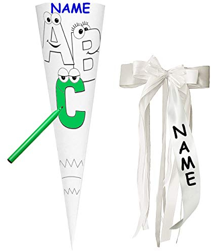 alles-meine.de GmbH Schultüte - Rohling/Bastelschultüte zum Bemalen - lustige Buchstaben - ABC - 50 cm - OHNE Tüll/Filz Abschluß - rund - incl. Name und individueller großer ..