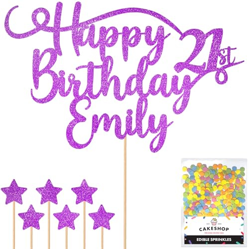 Personalised Happy Birthday Glitter Cake Topper - Purple Any Name & Any Age Glitter Cake Decoration and Sprinkles - Happy Birthday Decorations - Personalised Toppers for Cakes by Cakeshop