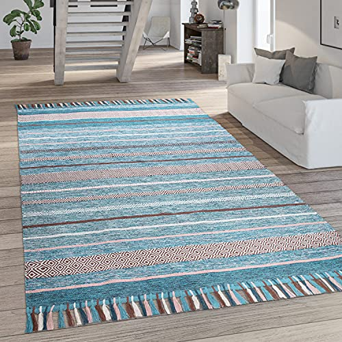 Paco Home Teppich Wohnzimmer Moderne Streifen Optik Mit Fransen Baumwolle Webteppich Grün, Grösse:200x290 cm