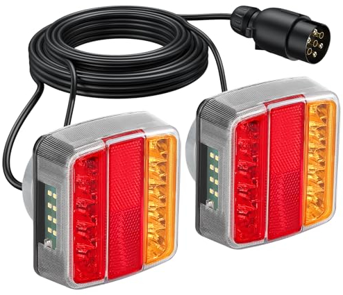 PROZOR 18 LED Feu Arrière pour Remorque Magnétique avec Réflecteur 2pcs Feux de Remorque E-marqué IP65 avec 7.5m Câble 7 Pin Connecteur 12V LED Feux de Frein Arrière Rouge Ambre Blanc