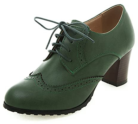 Women's Leather Vintage Oxfords Brogues Lace up Chunky Stacked Mid Heel Pumps Round Toe Dress Shoes 1 Green 43