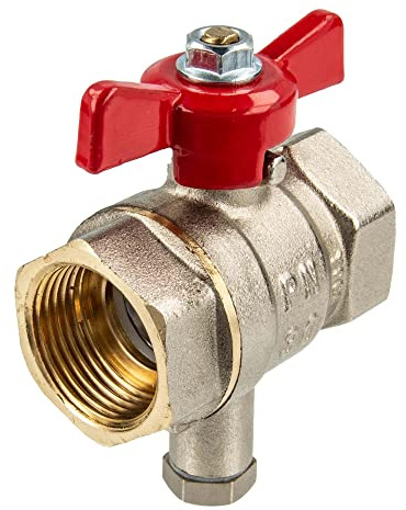 tecuro Kugelhahn mit Messfühleranschluss M10 x 1 mm, 1 Zoll IG/IG, mit Flügelgriff, temperaturbeständig bis 130°C, Druckstufe PN30, Messing vernickelt