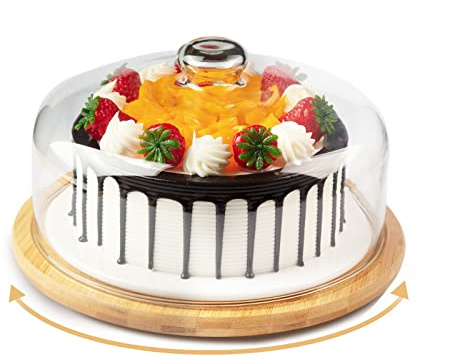 Bamboo Cake Stand with Glass Dome Cover, Rotating Cupcake Plate with Lid, Cake Holder with Turntable Base by ANMEISH (Dome Diameter: 10.2 inch/26 cm)