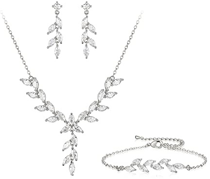 EVER FAITH Zirkonia Schmuckset für Damen Teardrop Marquise Blatt Rebe Anhänger Halskette und Ohrringe Set
