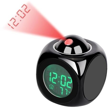 Projection Alarm Clock with Voice Talking Digital LED Clock with Temperature Display Rotatable Projector for Ceiling and Wall Snooze Function for Bedroom and Office