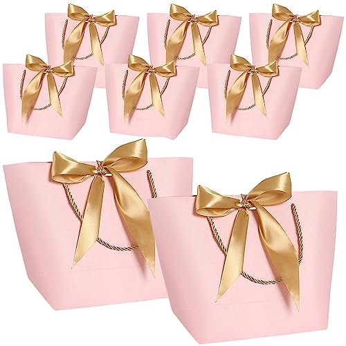 Cisolen 10 Stück Geschenktüte Rosa aus Kraftpapier Party Geschenktüte mit Griff mit Schleife Geschenkbeutel Elegant Papiertüten für Geburtstag Hochzeit Feiern Babyparty Abschlussfeier