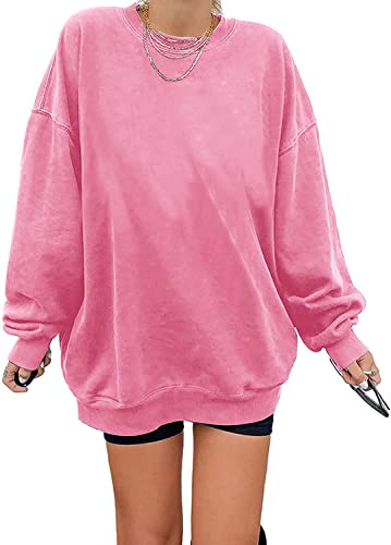 Sweatshirt dam Los Angeles tröja överdimensionerad långärmad tröja rund hals basic lösa toppar utan huva tonåring flickor vintage toppar skjortor, ROSA, M