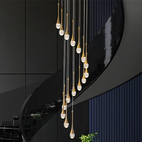 ZenithBeam Adjustable 120''/305cm Long Raindrop Crystal Pendant Chandeliers 16Lights Bubble Gold Staircase Chandelier High Ceiling Entrance Chandeliers Loft Slanted LED Dimmable 2700-6000k