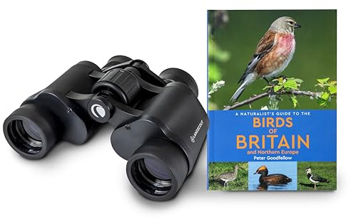 Celestron 73151 LandScout 7x35mm Water-Resistant Birder Starter Kit - Rubber Grip Binoculars with Coated Lens and K9 Optical Glass, Includes Birds of Britain and Northern Europe Guidebook, Black
