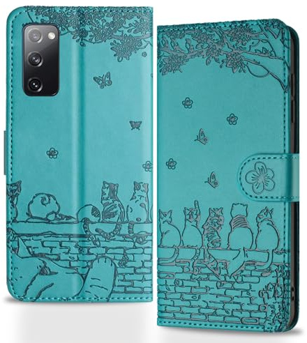 Butnyeoe Handyhülle für Samsung Galaxy S20 FE 5G,Zaunkatzen Klappbar Hülle,Geprägtes PU Leder Wallet Schutzhülle Tasche Flip Case,Magnetische Klapphülle mit Kartenfach Standfunktion,Blau Grün