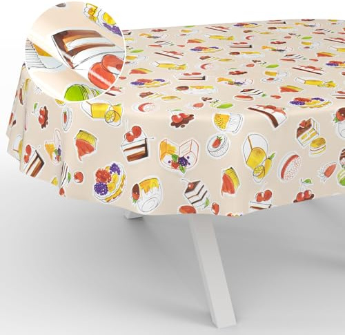 Wachstuch-Tischdecke Tischdecke abwaschbar Wachstuch Garten-Tischdecke Outdoor Indoor Oval 200x140cm Schnittkante Nachtisch Beige