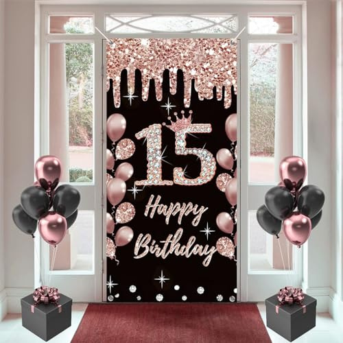 15. Geburtstag Dekorationen für Mädchen, Rosegold Hintergrund Tür Banner, 180 cm x 90 cm, Happy 15 Years Old Schild