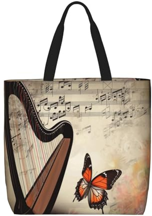 VducK Sac fourre-tout pour femme avec fond musical avec harpe et papillon, sac fourre-tout avec fermeture éclair, grande capacité, sac à main décontracté à bandoulière, Fond de musique avec harpe et