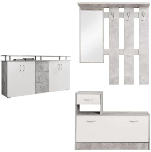 Stella Trading Lift Highboard mit Ablage in Beton Optik, Weiß & mit Spiegel weiß matt - Kompaktgarderobe Korpus Beton Optik - 100 x 190 x 26 cm (B/H/T)