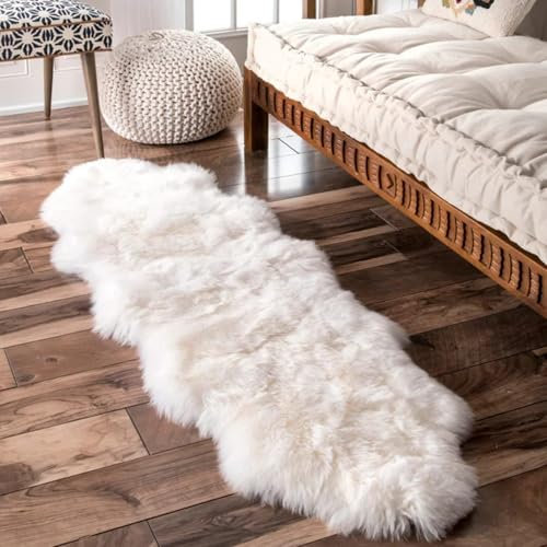 WeFiner Sheepskin Runner,Genuine New Zealand Fluffy Natural Lambskin Real Sheep Skin Fur Throw Area Rug for Livingroom,Bedroom,Sofa and Chair, Yoga mat and Dog Mat(Double Pelt 2x6 ft, Ivory White)