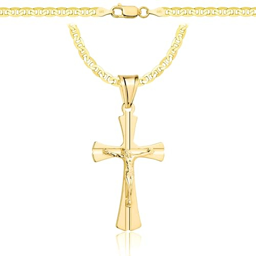 AMAR PRAGNA Gold Damen/Herren Kette mit einem 925/585 Kreuz, original geflochten, Breite 3,8 mm, Goldkette- Halskette, kreuz kette gold 585