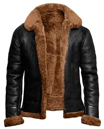 kuiazelit Vintage Men Black Aviator Faux Leather Jacket Shearling Style Bomber Flying Jacket Thick Thermal Outwear Fur Collar Motorbike Jacket Heavyweight Pu Leather Biker Outwear Winter Jackets