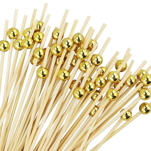 110 Stück Cocktailspieße, Holz Cocktail Sticks Cocktailspieße Cocktail Zahnstocher Cocktail-Picks für Spieße Fingerfood, Cocktail Spieße, Cocktailparty Deko Spieße Fingerfood (12cm, Goldene Perlen)