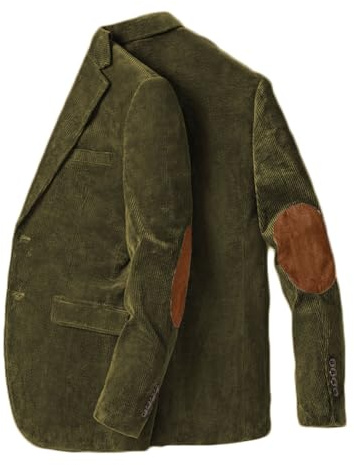 Stillluxury Giacca blazer con toppa al gomito per uomo monopetto in velluto a coste casual cappotto sportivo con risvolto tacca smoking da sposa, Verde oliva, 5XL