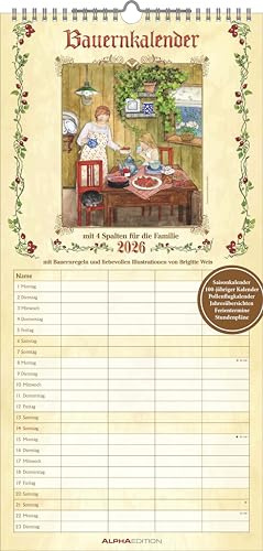 Alpha Edition - Bauernkalender Familienplaner 2026 – Wandkalender 22×45 cm mit 4 Spalten, Bauernweisheiten, Wetterregeln & 100-jährigem Kalender, praktischer Terminplaner für Familien im Landhausstil