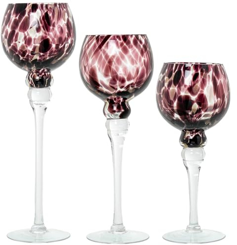 DRW Set di 3 calici in vetro decorativi con screziato in nero 13x13x30 cm