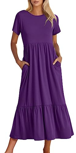 2025 - Robe swing décontractée à manches courtes pour femme avec col rond - Robe de plage décontractée et fluide avec poches - Robe de plage turquoise pour femme, lilas, S