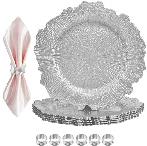 Rose Silver Glass Charger Plate Set with Vintage Design & Hammered Napkin Rings – Elegant 33cm Dinner Chargers for Weddings, Dining, Birthday, Parties & Special Events - 6 Pcs