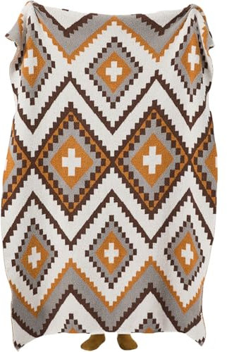 LDZDGD Geometrische Strickdecke - Weiche Kuscheldecke mit Tribal-Muster für Bett, Sofa, Couch, Rustikale oder Boho-Wohnkultur