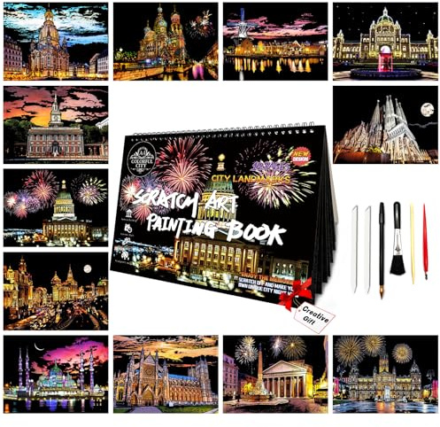 SiYear Ensemble de papier à peindre Scratch Art pour adultes, série de bâtiments emblématiques de la ville, scène nocturne, planche à gratter pour cadeau créatif DIY avec gravure sur feuille et 4