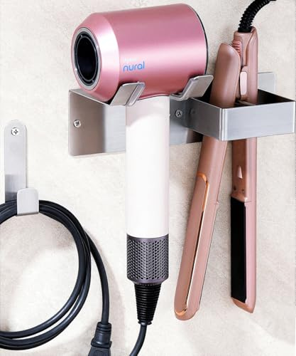 BANJEKT Hair Dryer and Straightener Holder, Stainless Steel Hair Dryer Holder Wall Mounted Drilling/Adhesive, Hair Dryer Holder for Bathroom, Hair Tools Organiser Wall Mount Silver