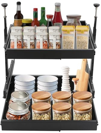 soudesileim Cassetto telescopico a 2 piani da cucina, senza foratura, lunghezza 41-60 cm, altezza 47-90 cm, profondità 53 cm, portata massima di ogni livello 10 kg, cassetto estraibile (nero)