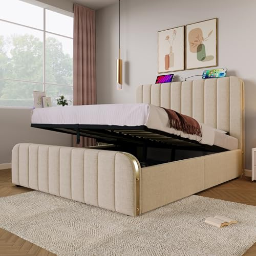 EINHOM Bett 140x200 cm, Polsterbett mit USB-und-Typ-C Ladefunktion, Doppelbett mit Hydraulischer Stauraum, Gepolstertes Kopfteil mit Goldenen Zierstreifen, Leinen-Material, Ohne Matratze