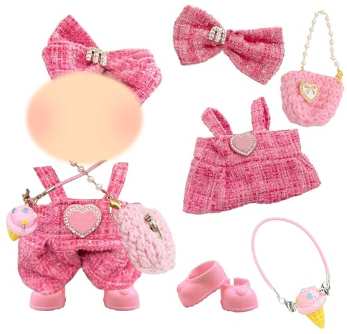 5Pcs 17cm Clothes Pink for 17cm Dolls, Doll Outfit Accessories Sets Include 1 Hair clip 1 Bib pants 1 Bag 1 Pendant 1 Shoes Boy and Girl for Best Gifts No Doll